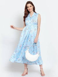 Thumbnail for Myshka Women's Sky Blue Printed Cotton Blend Sleeveless Coller Casual Dress