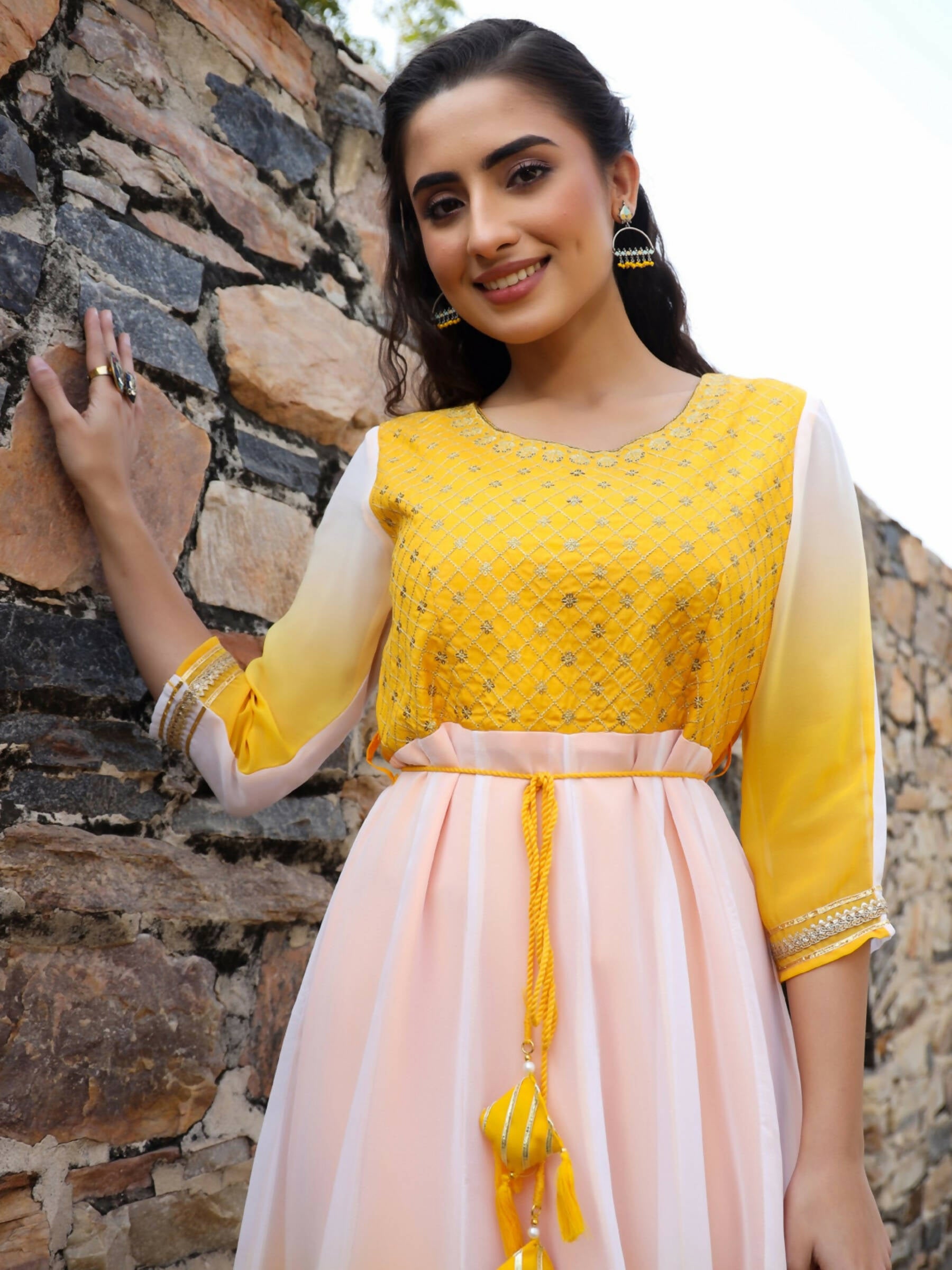 Juniper Women Yellow Georgette Embroidered Maxi Dress - Distacart