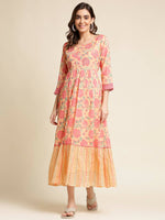 Thumbnail for Peach Cotton Floral Printed Fit & Flare Dress - Yukti - Distacart