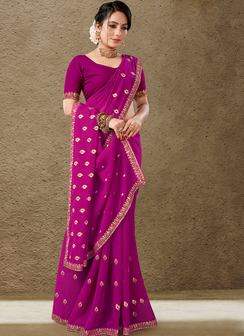 Purple Georgette Embroidered Saree with Unstitched Blouse Piece - Avika - Distacart