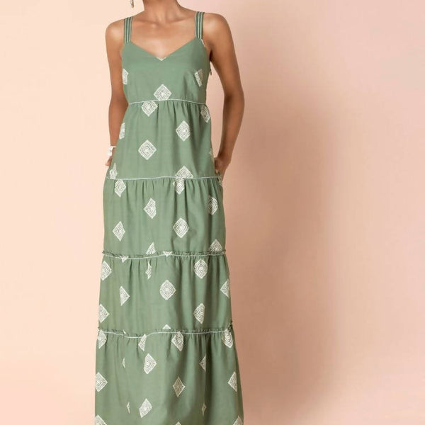 Indya Green Tribal Tiered Maxi Dress - Distacart