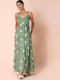 Thumbnail for Indya Green Tribal Tiered Maxi Dress - Distacart