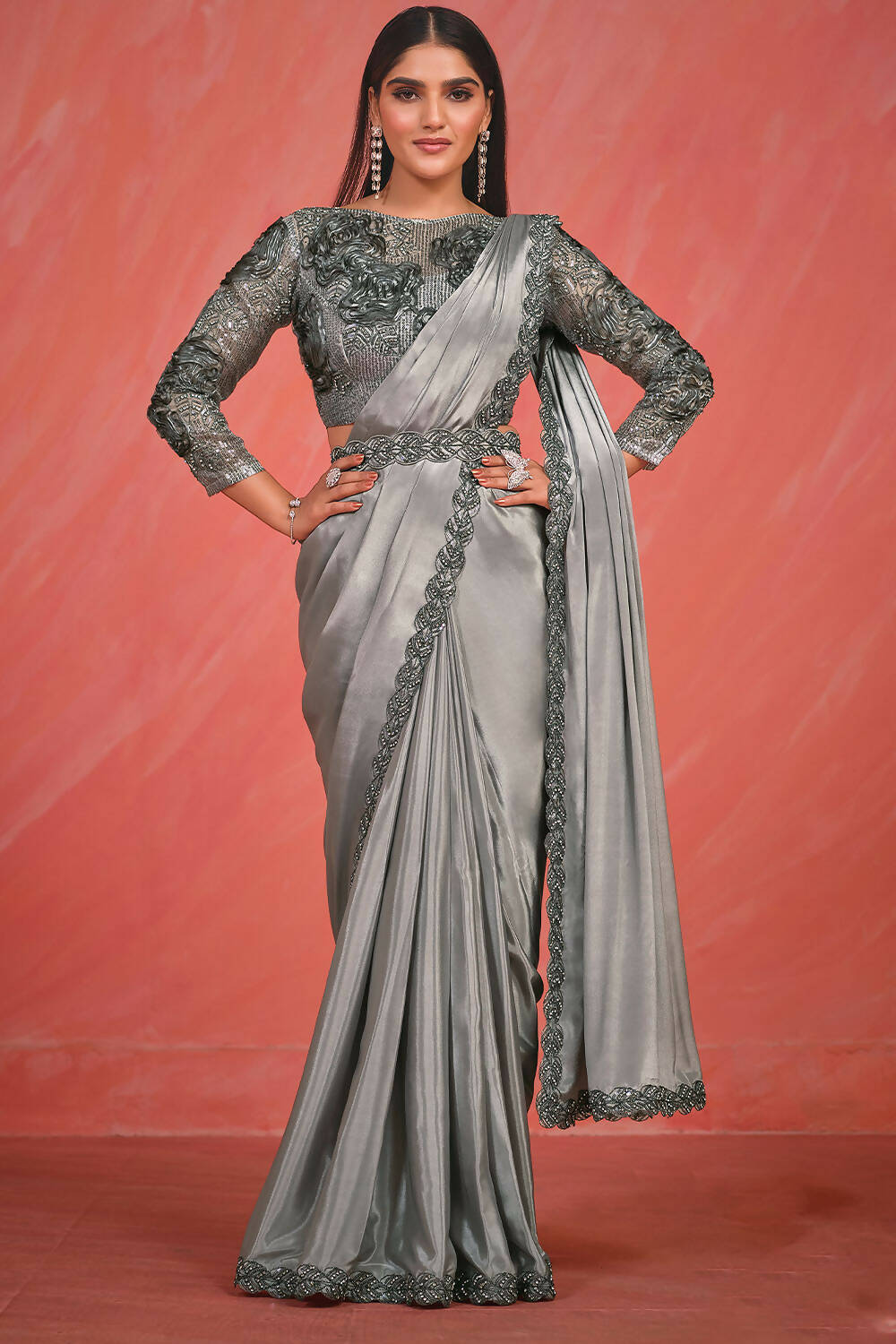 Silver Grey Crepe Silk Satin Cord & Sequence Embroidery with Thread & Stone Work Saree With Stitched Blouse - Mohmanthan Elegancia - Distacart
