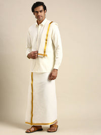 Thumbnail for Ramraj Cotton Wedding Cream Zari Dhoti with shirt Bit & Towel Set Subamangalam 50k - Distacart