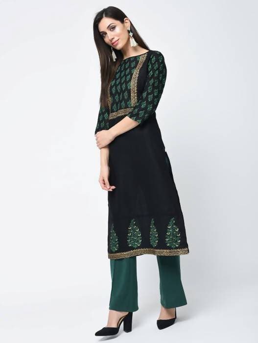 Aniyah Cotton Block Printed Black Straight Kurta (AN-131K)