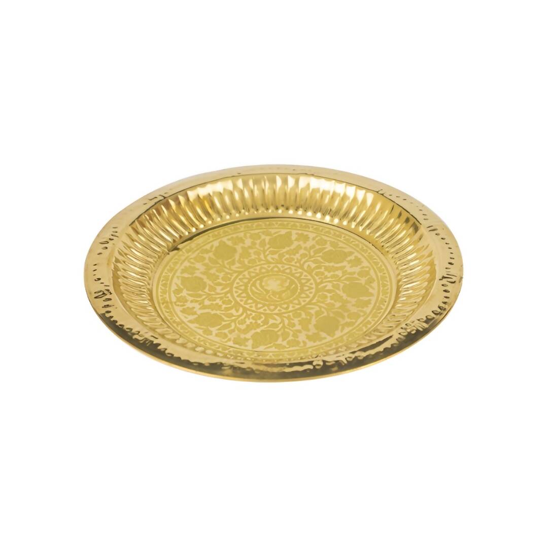 Spillbox Gold-Toned Brass Leaf Thali Round Pooja Essential - Distacart