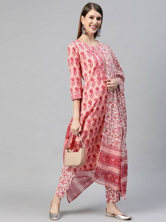 Ahika Women Pink & Off-White Floral Printed Pure Cotton Kurta with Trousers & Dupatta - Distacart
