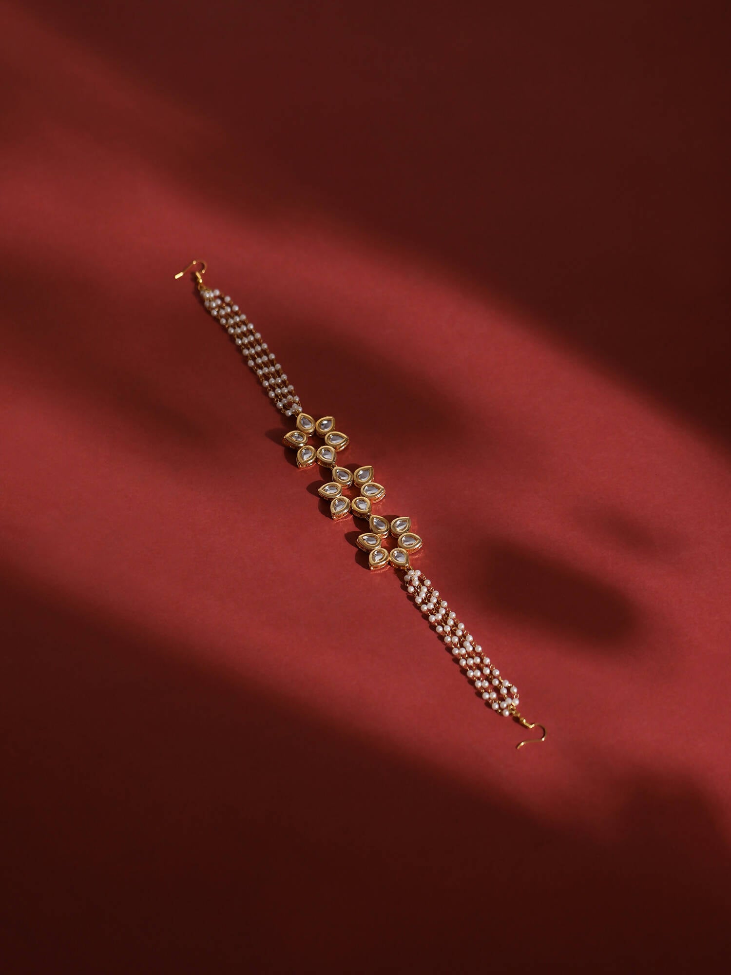 Gold-Plated White Kundan-Studded Pearl Beaded Hair Band - Ruby Raang - Distacart