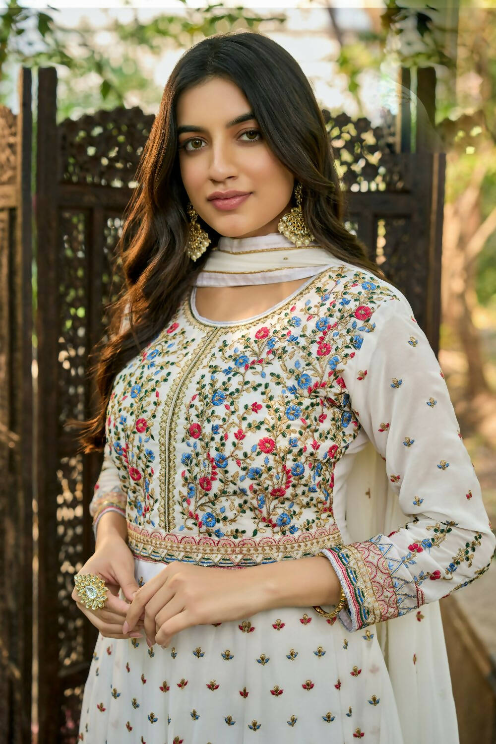 White Heavy Faux Georgette Anarkali Embroidered Kurta Set - Dhvani - Distacart
