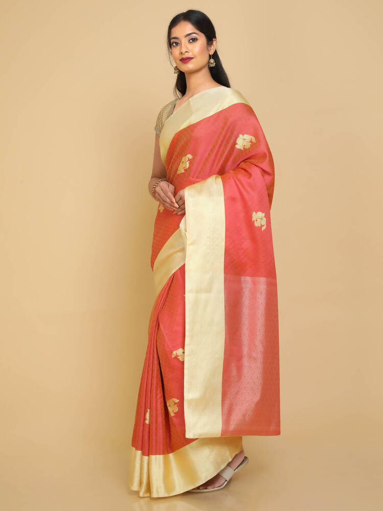 Kalamandir Floral Peach Silk Blend Saree