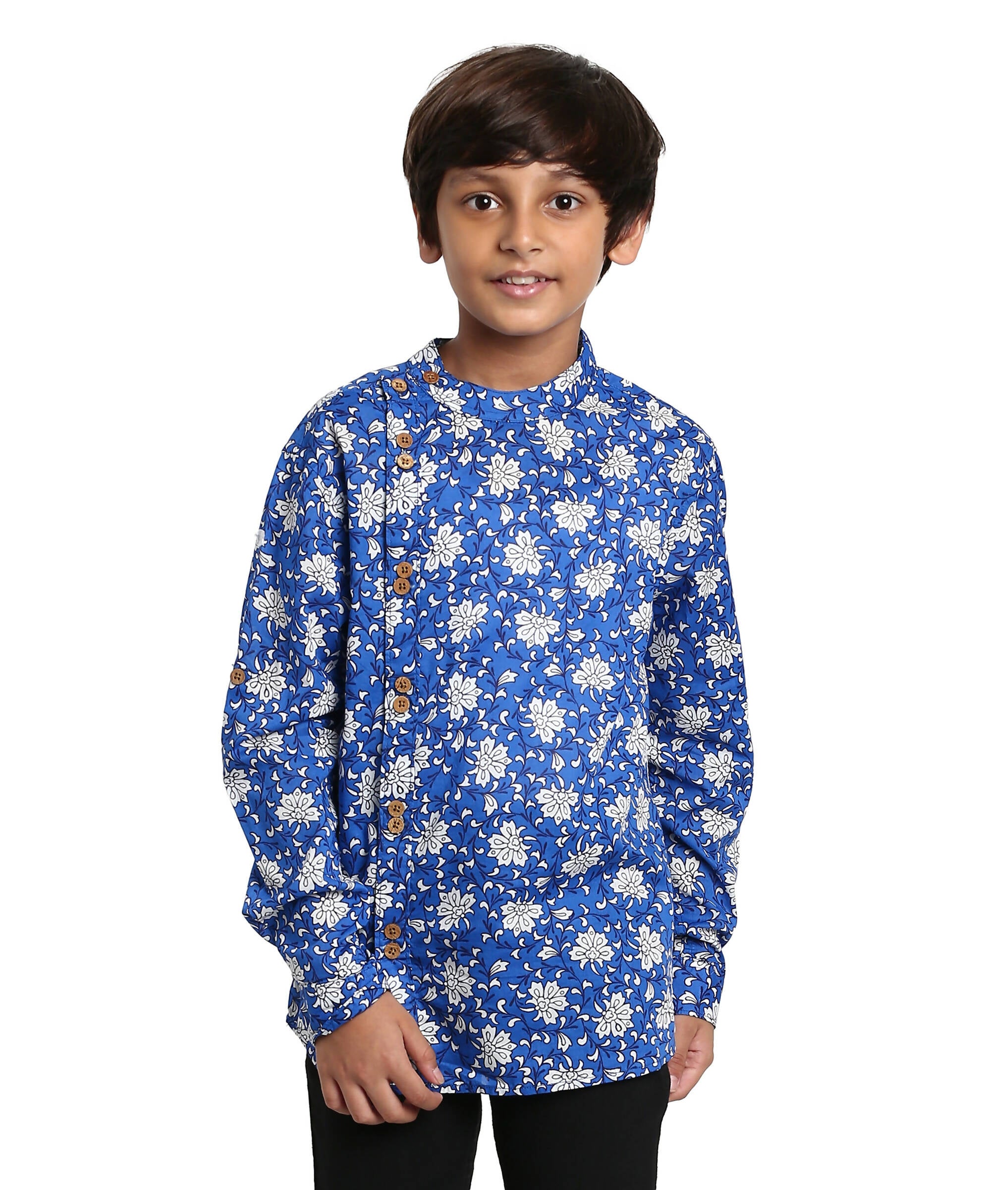 Manet Boys Full Sleeves Flower Printed Ethnic Shirt - Blue - Distacart