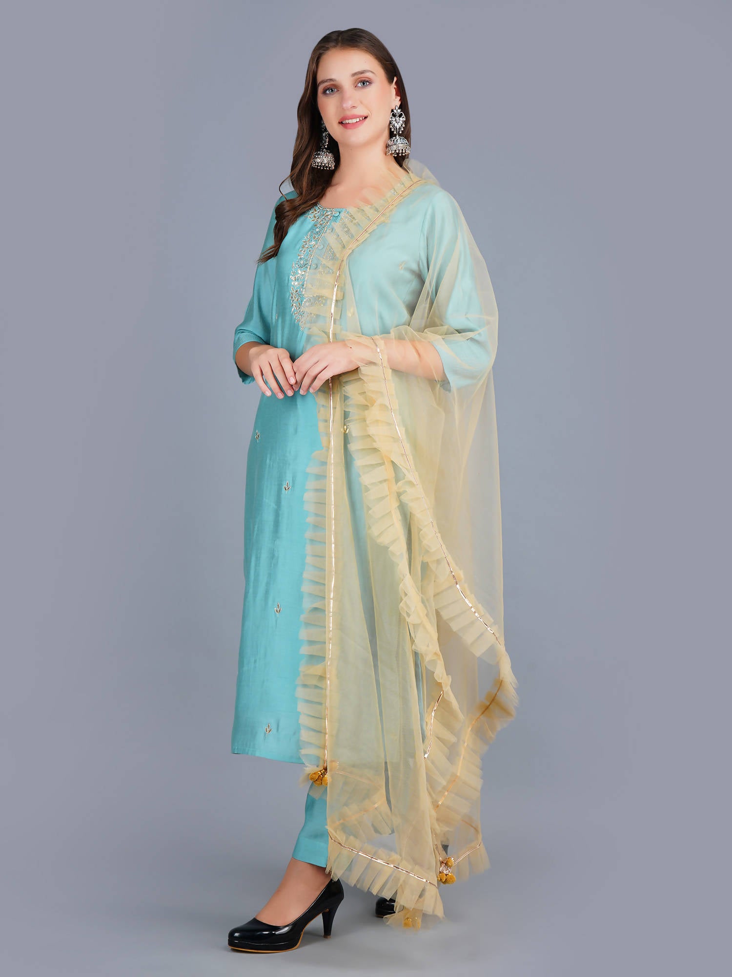 Shehnaai Blue Formal Muslin Suit With A Net Dupatta - Distacart