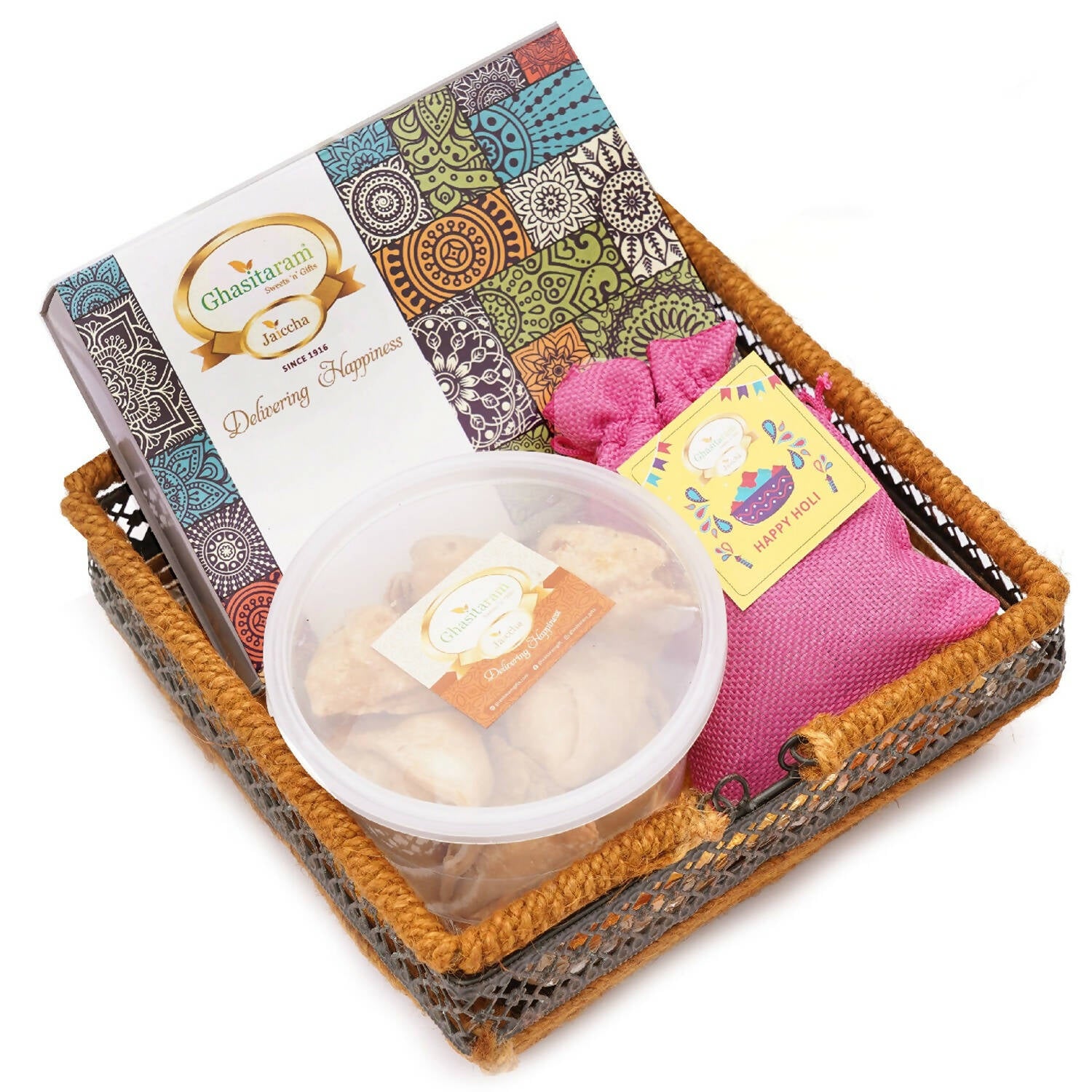 Ghasitaram Metal Basket of Gujiyas, Thandai and Farsan Samosa - Distacart