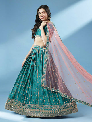 House of Panchhi Green Pure Georgette Sequins Embroidered Lehenga - Distacart