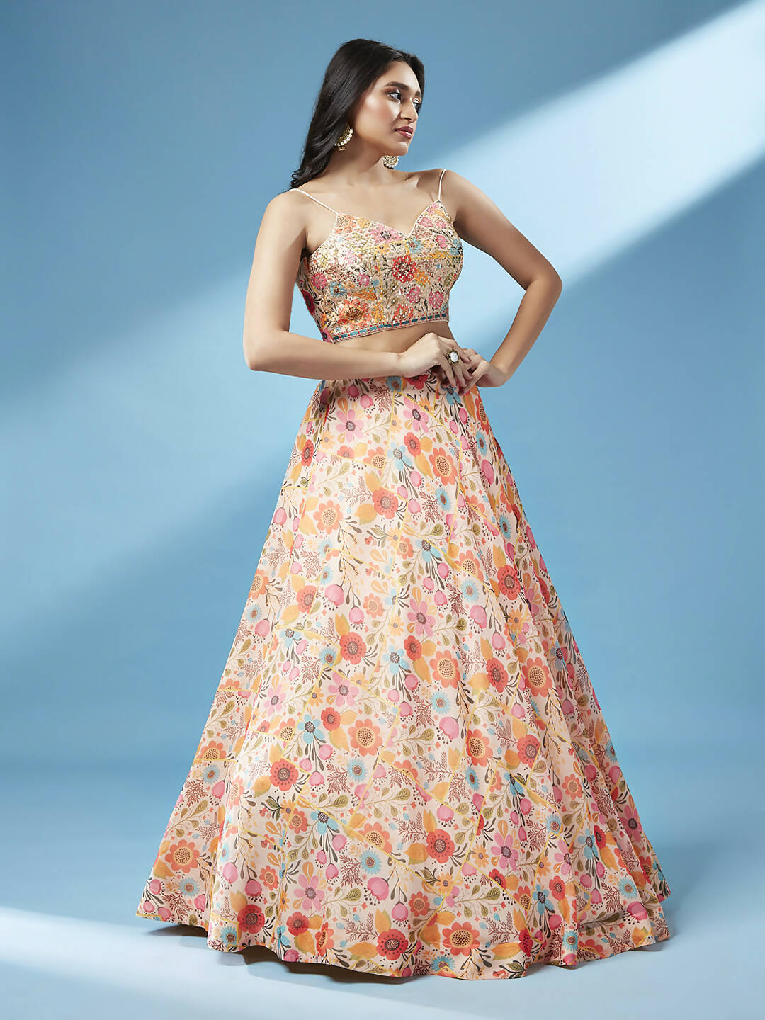 House of Panchhi Orange Organza Floral Printed Lehenga choli & Dupatta - Distacart