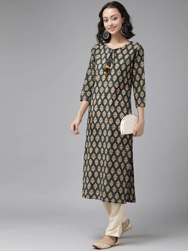 Yufta Women Teal Green & Mustard Yellow Ethnic Printed Pure Cotton Kurta with Palazzo