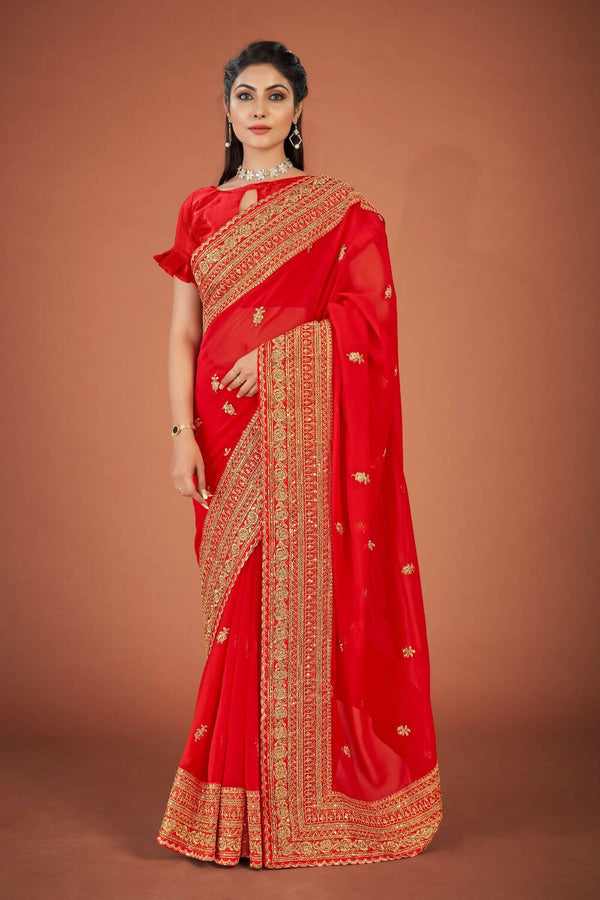 Vamsee Red Organza Saree - Distacart