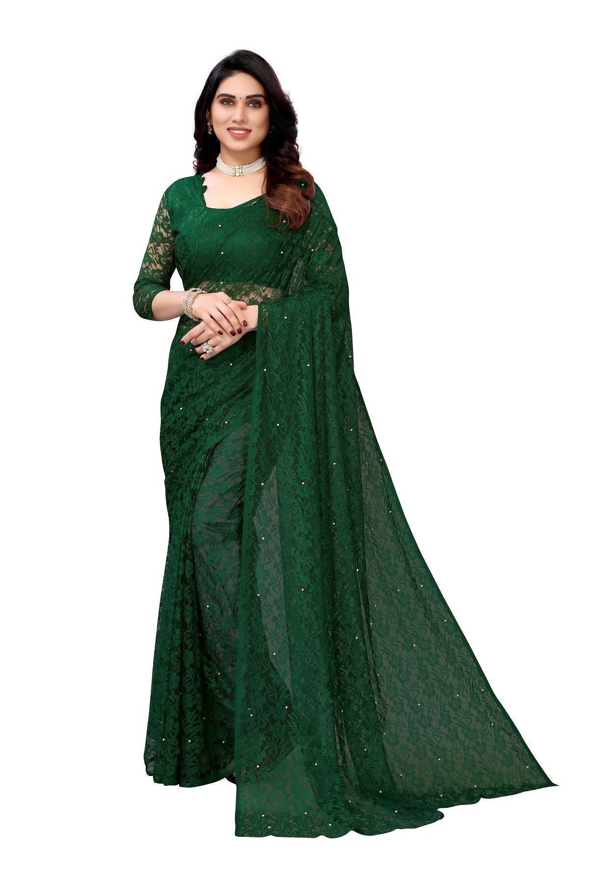 Vamika Ethnic Fire Green Pearls Net Saree - Distacart