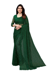 Thumbnail for Vamika Ethnic Fire Green Pearls Net Saree - Distacart