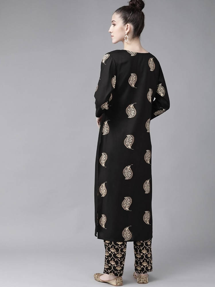 Yufta Women Black & Cream-Coloured Screen Printed Kurta with Trouser