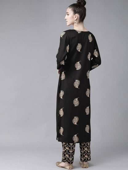 Yufta Women Black & Cream-Coloured Screen Printed Kurta with Trouser