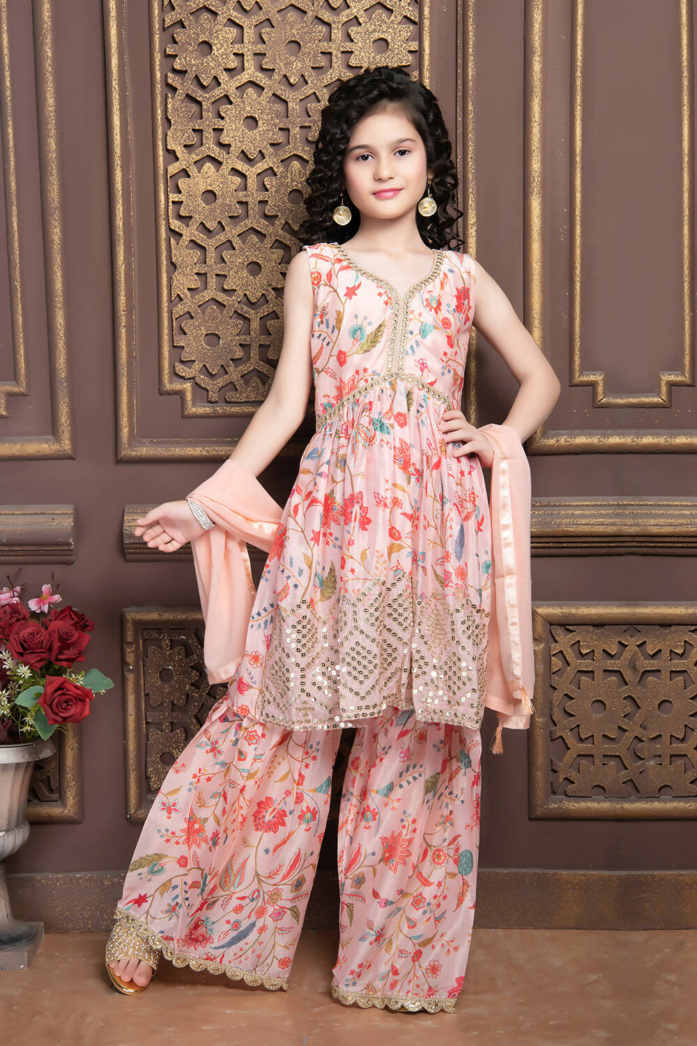 Kids Functional Designer Multi Chinon Sharara Suit - Aaradhna - Distacart