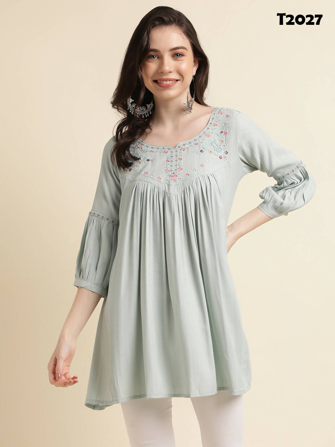 Light Blue Poly Cotton Yoke Embroidered A-line Top - Tarini - Distacart