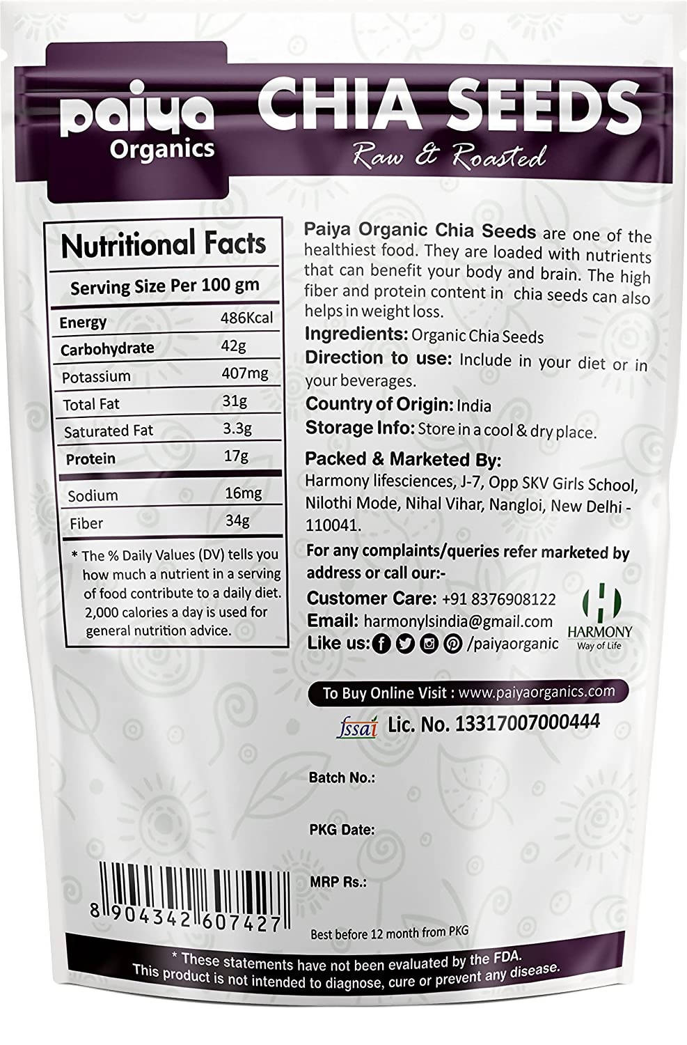 Paiya Organics Raw Chia Seeds - Distacart