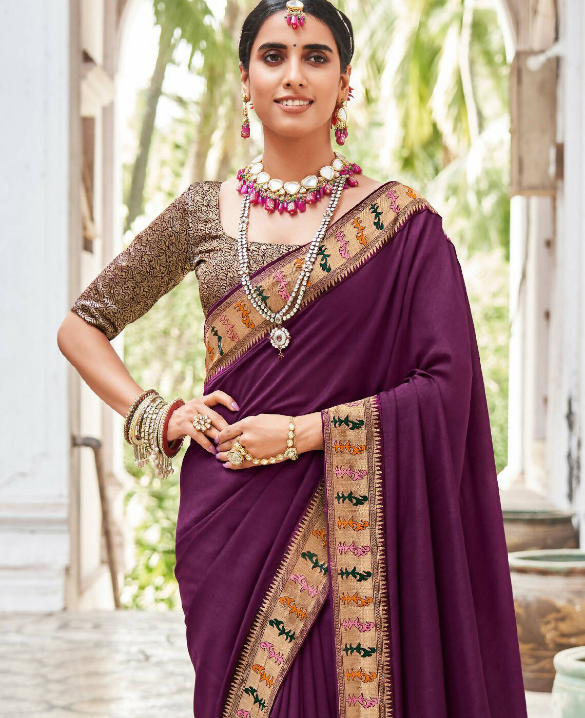 Purple Vichitra Solid Saree With Unstitched Blouse Piece - Juhi - Distacart