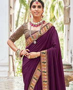 Thumbnail for Purple Vichitra Solid Saree With Unstitched Blouse Piece - Juhi - Distacart