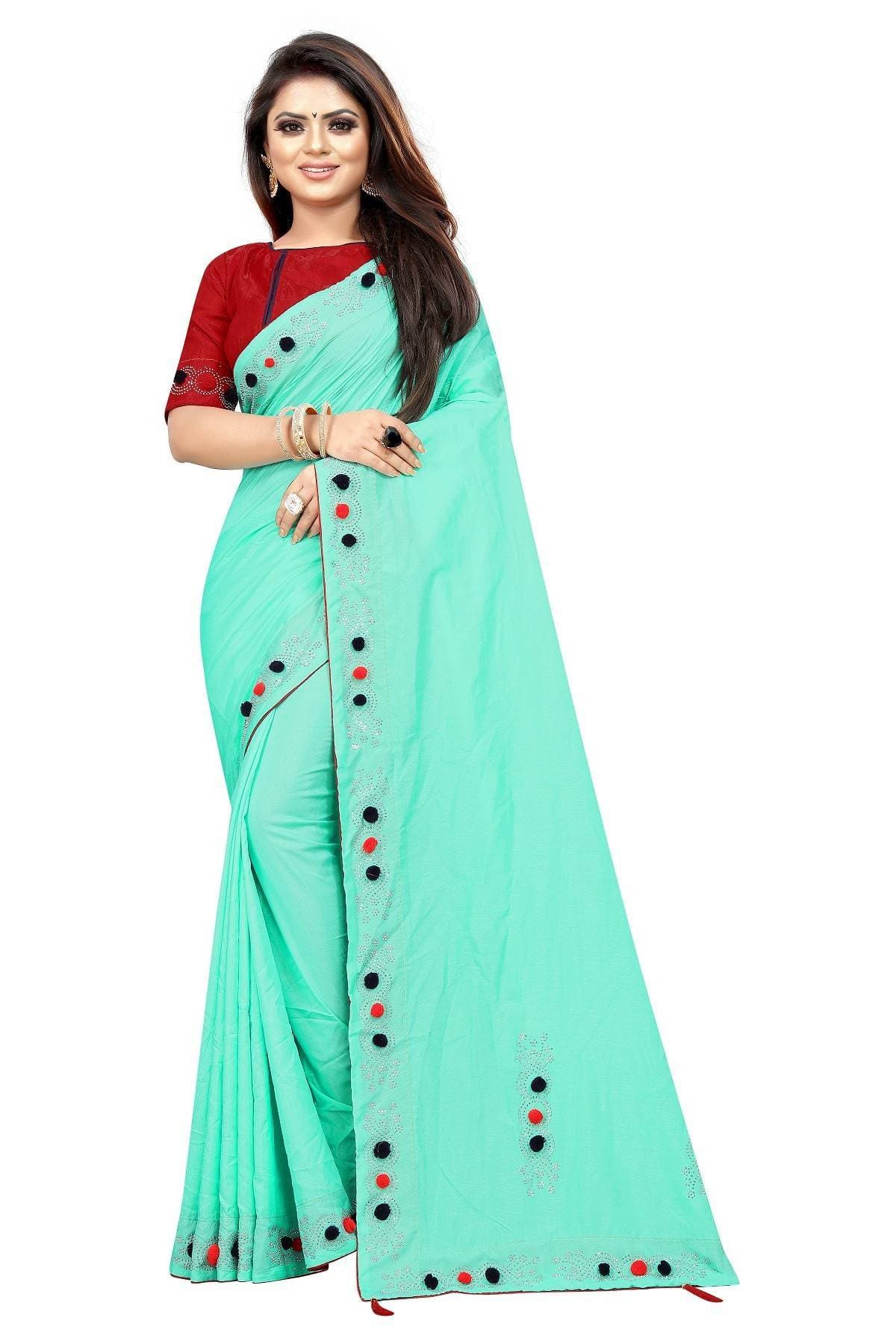 Vamika Rama Green Sana Silk Diamond And Pom Pom Saree