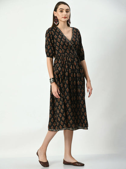 Myshka Women's Black Empire Printed Dress - Distacart