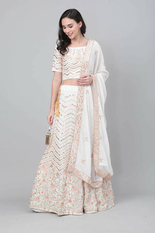 Pearl White Georgette Sequins Embroidery with Mirror work Lehenga Choli with Dupatta - Jivika - Distacart