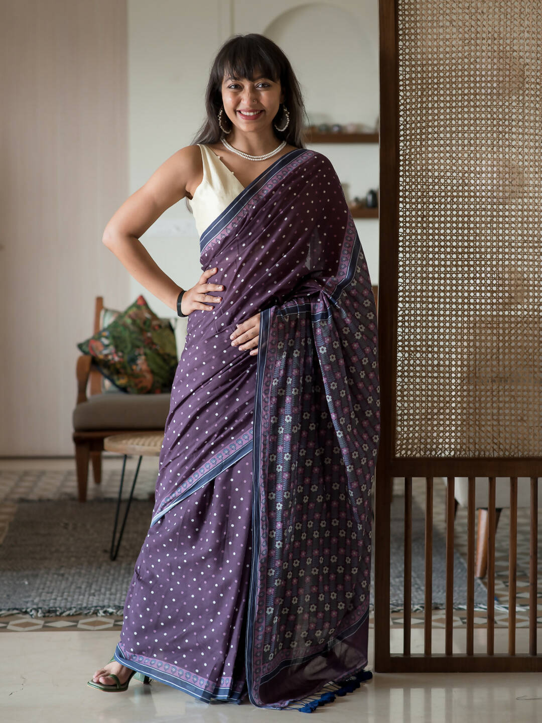 Suta Purple Polka Dots Pure Cotton Saree - Distacart