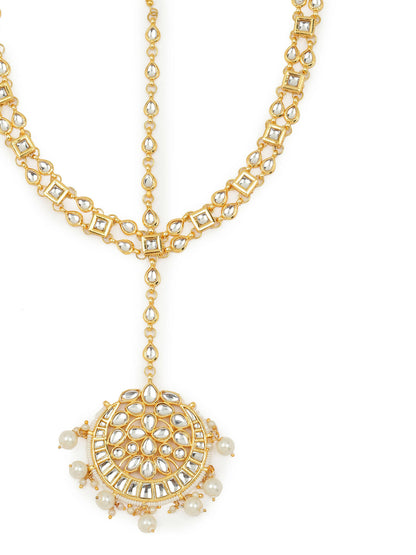 Gold-Plated White Kundan-Studded Pearl Beaded Matha Patti - Ruby Raang - Distacart
