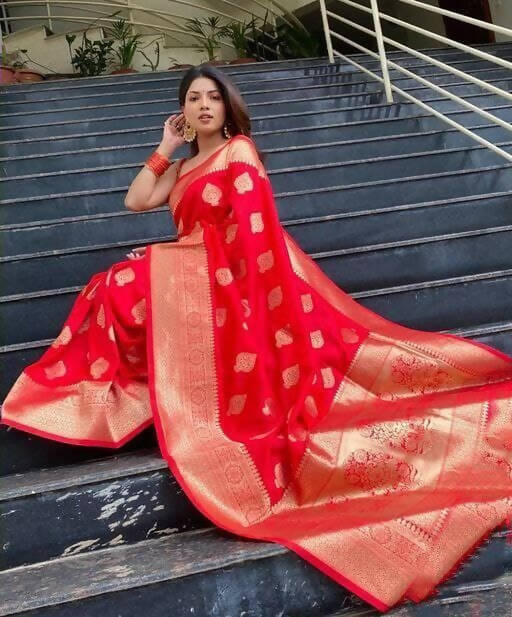 DEIANA'S Beautiful Golden Jari with New Design Soft Lichi Silk Saree - Red - Distacart