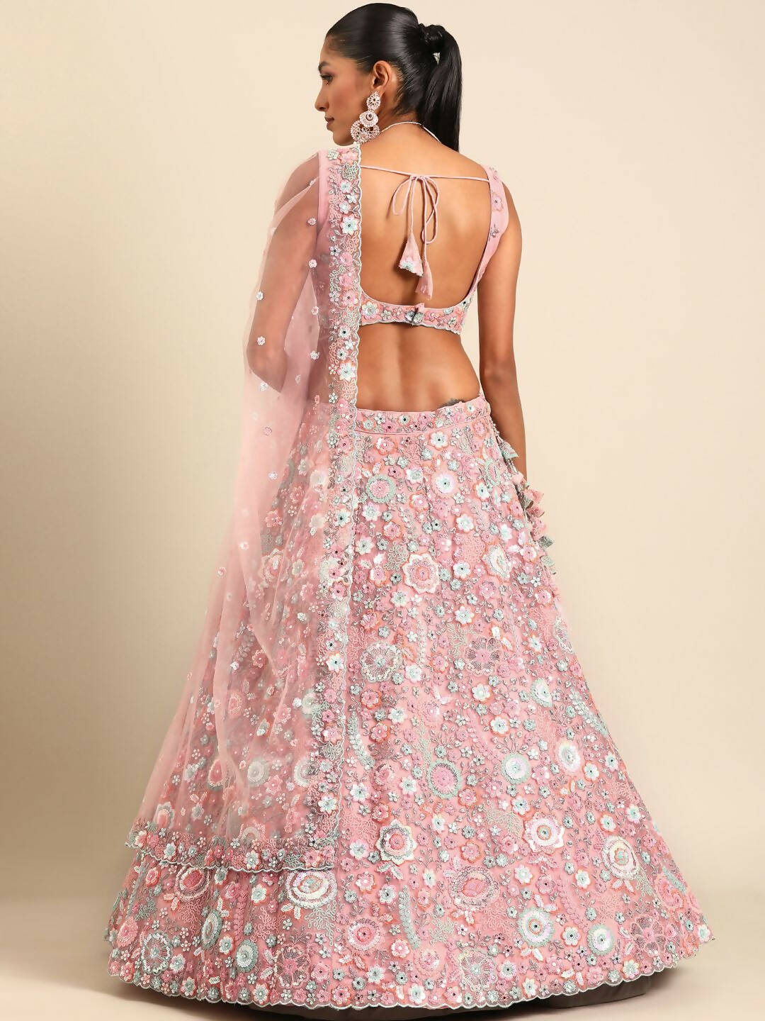 House of Panchhi Pink Net Sequins, Mirror and thread embroidery Lehenga choli & Dupatta - Distacart