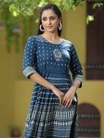 Thumbnail for Juniper Blue Rayon Festive Printed Flared Dress For Women - Distacart