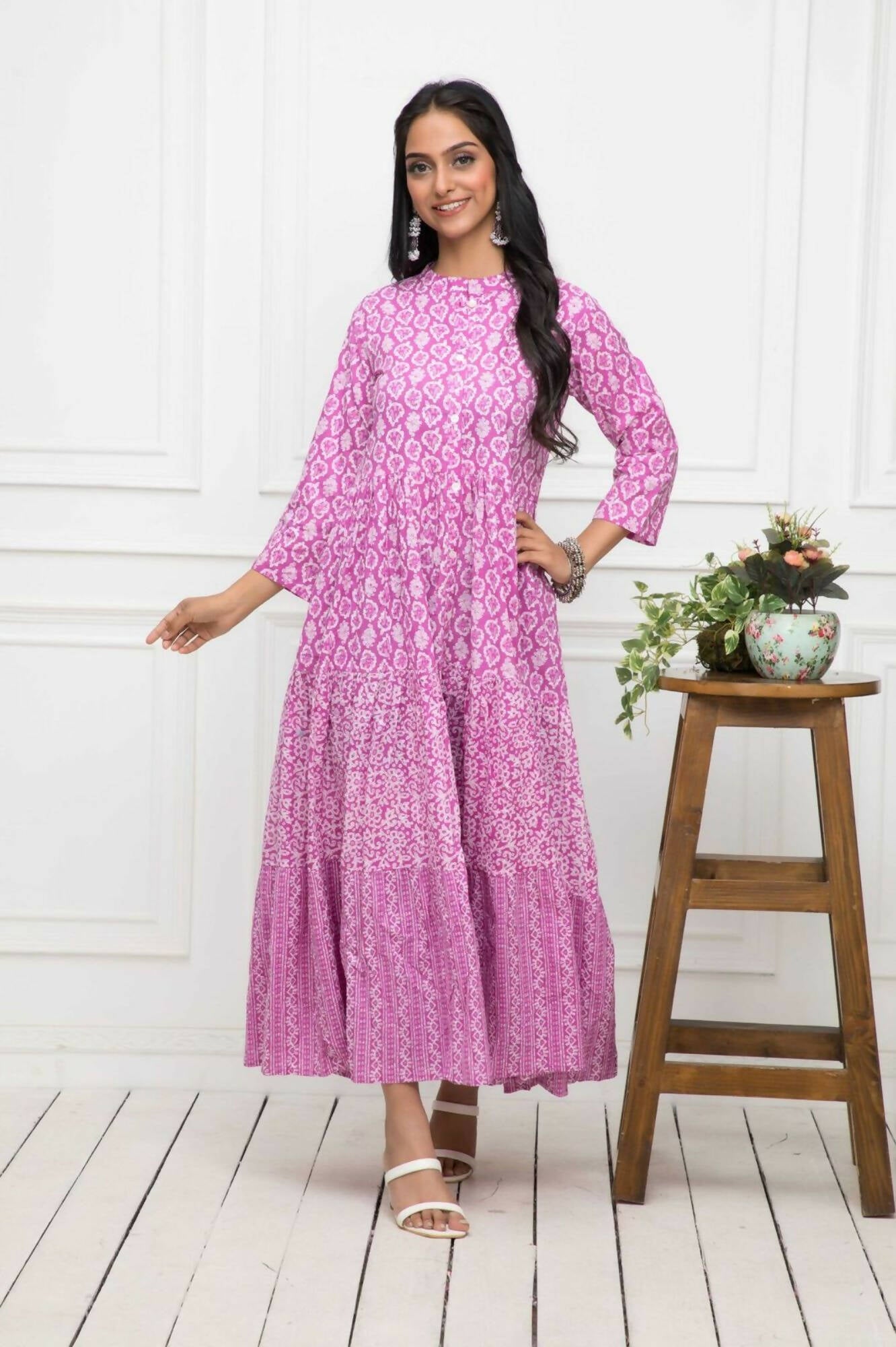 Myshka Women Pink Floral Cotton A-Line Mandarin Collar Long Dress - Distacart