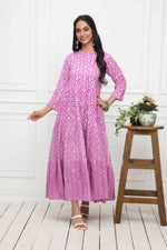 Thumbnail for Myshka Women Pink Floral Cotton A-Line Mandarin Collar Long Dress - Distacart