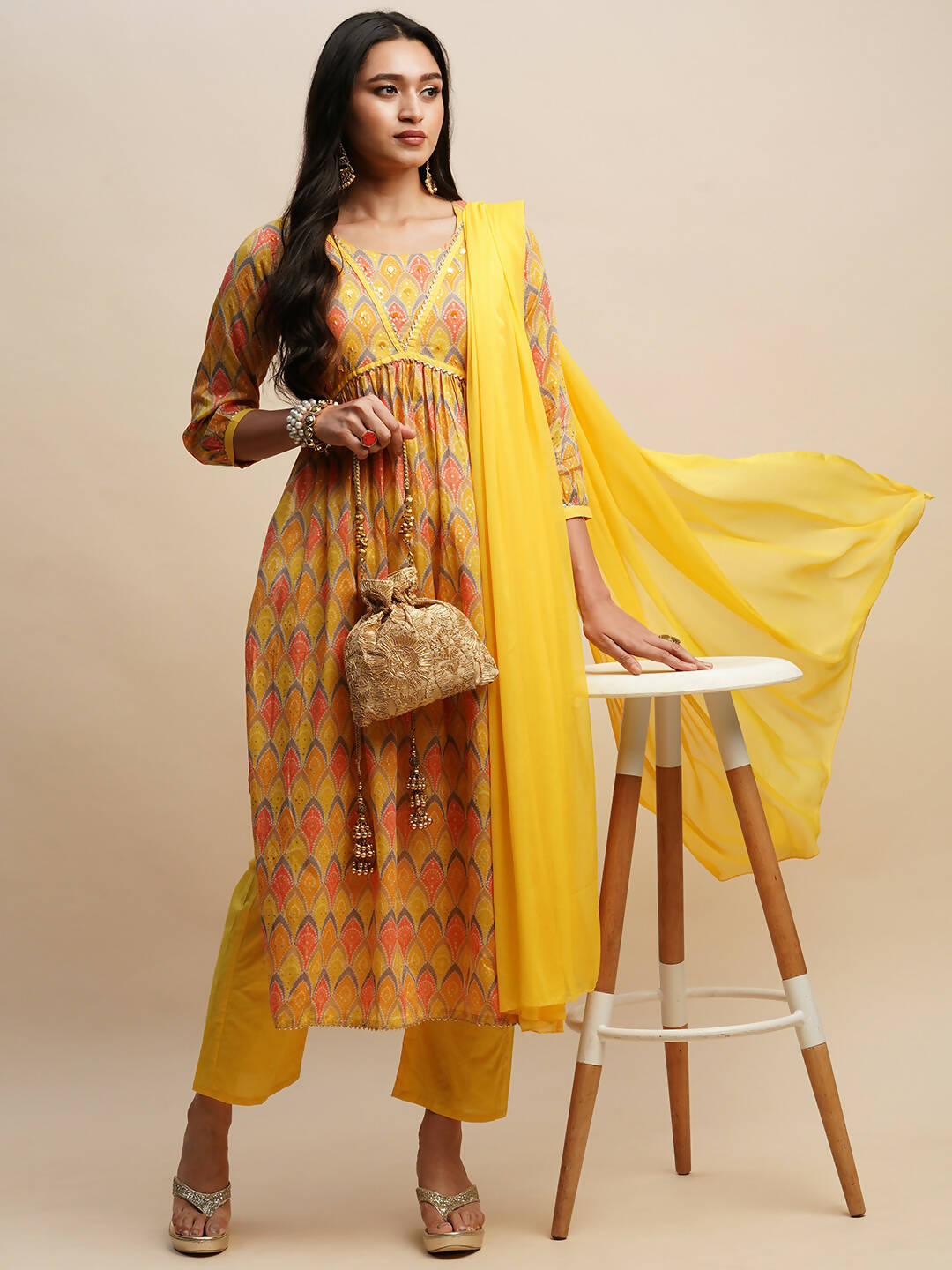 Yellow Pure Cotton Bandhani Printed Naira Cut Kurta And Bottom With Dupatta - Akashara - Distacart