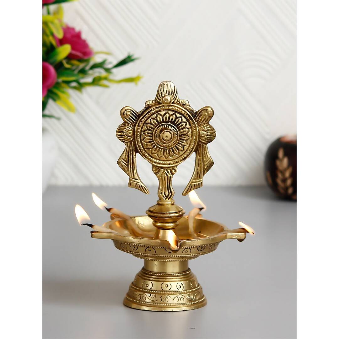 eCraftIndia Gold-Toned Chakra Handcrafted Brass Diya With 5 wicks - Distacart