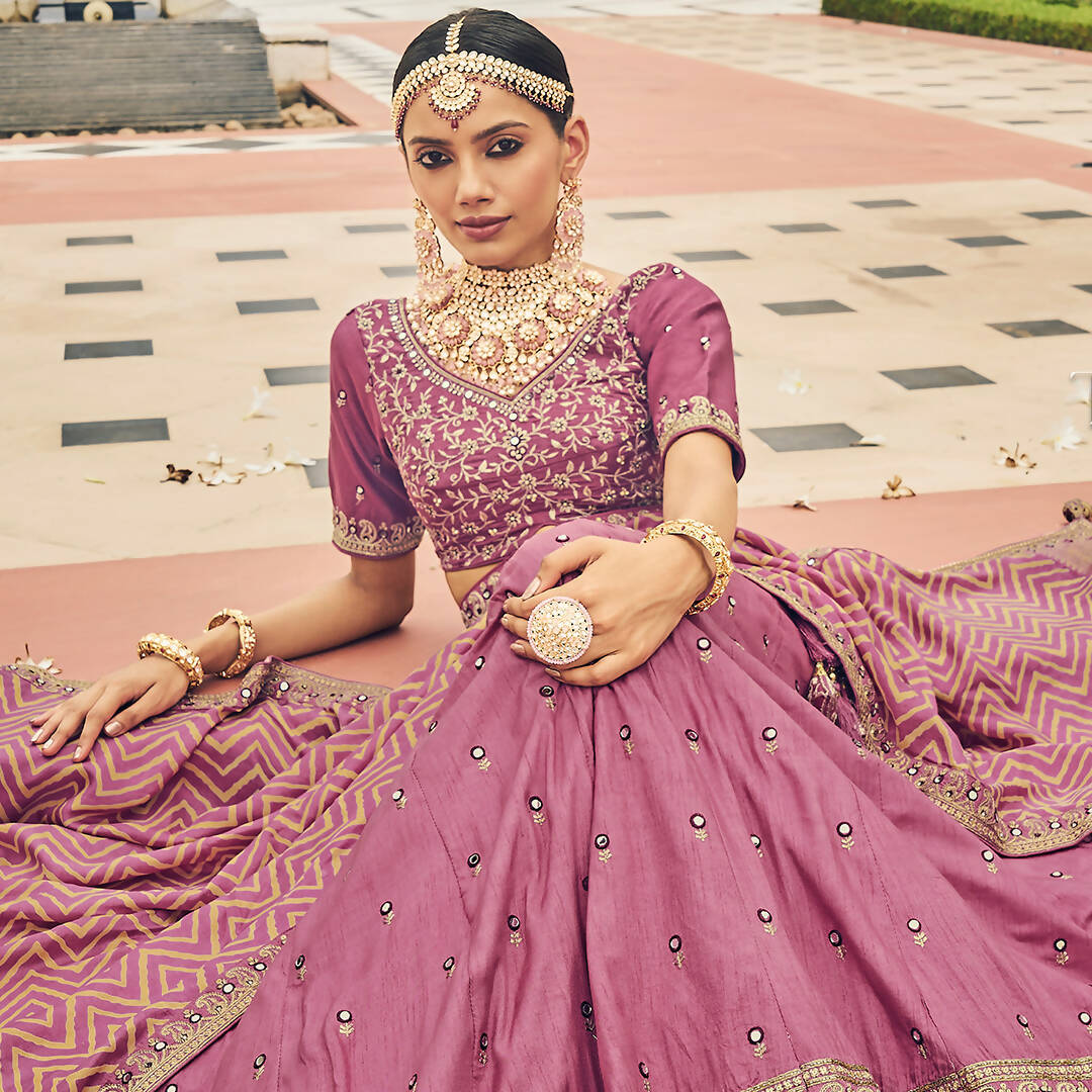 Onion Pink Heavy Viscose Khatli, Embroidery & Mirror Work Unstitched Lehenga Choli - Sisha Keshav - Distacart