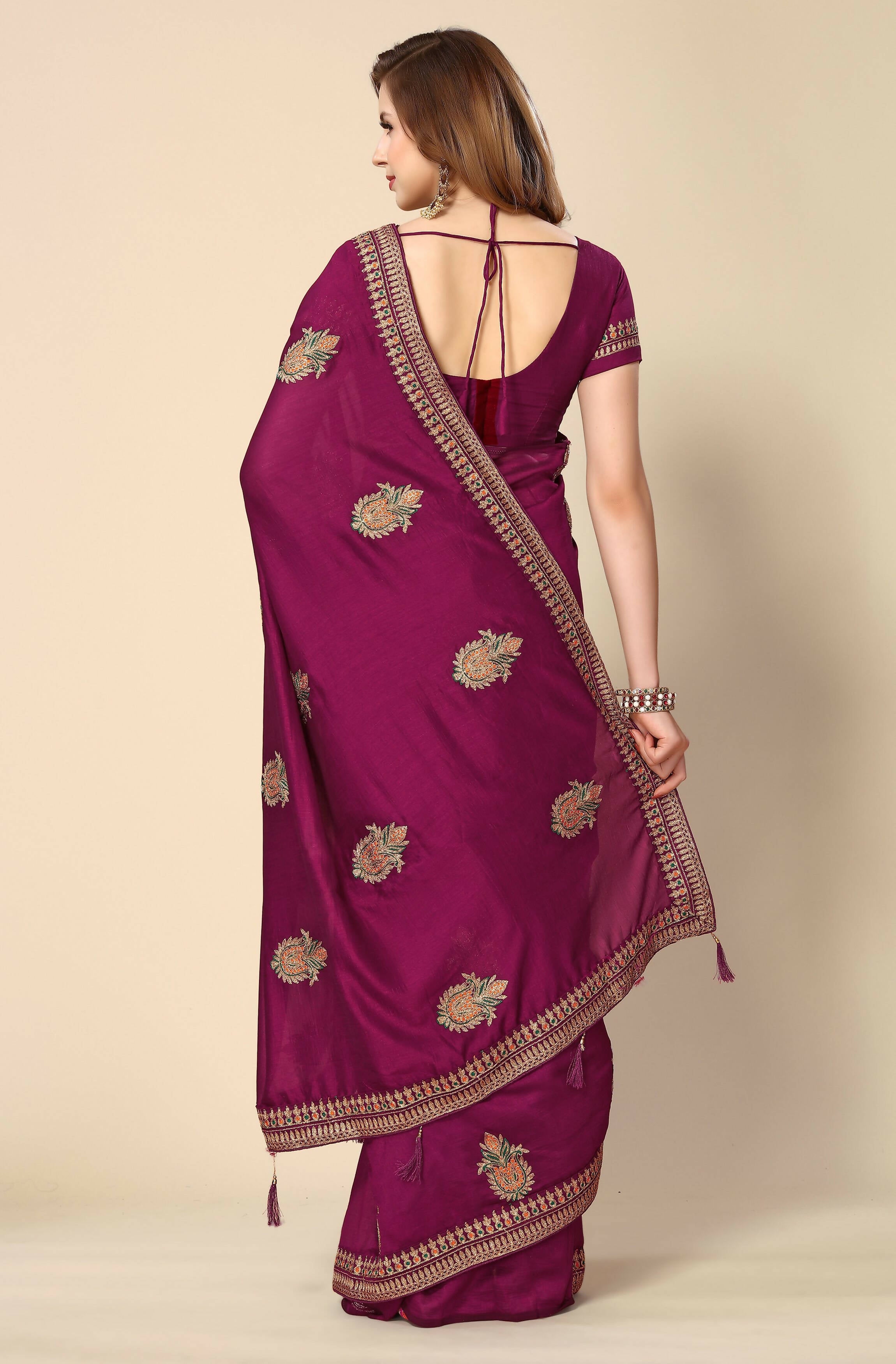 Wine Chinon Embroidered Saree with Unstitched Blouse Piece - Roozal - Distacart