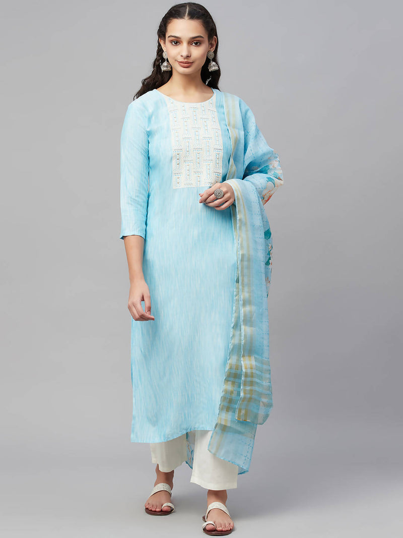 Myshka Turquoise Embroidered 3/4 Sleeve Round Neck Kurta Pant Dupatta Set - Distacart