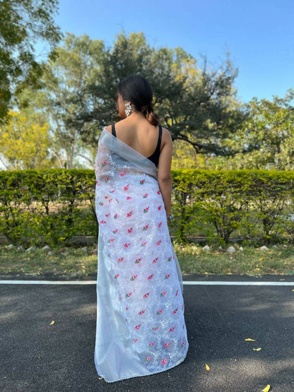 Vastrasky White Organza Saree - Distacart