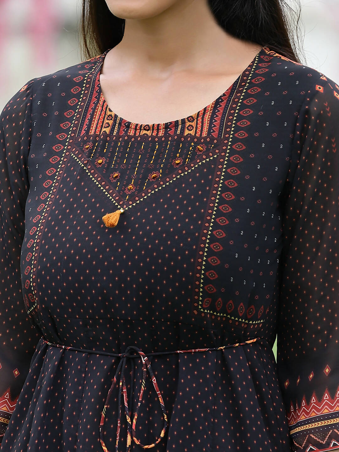 Juniper Black Georgette Festive Printed A-Line Dress For Women - Distacart