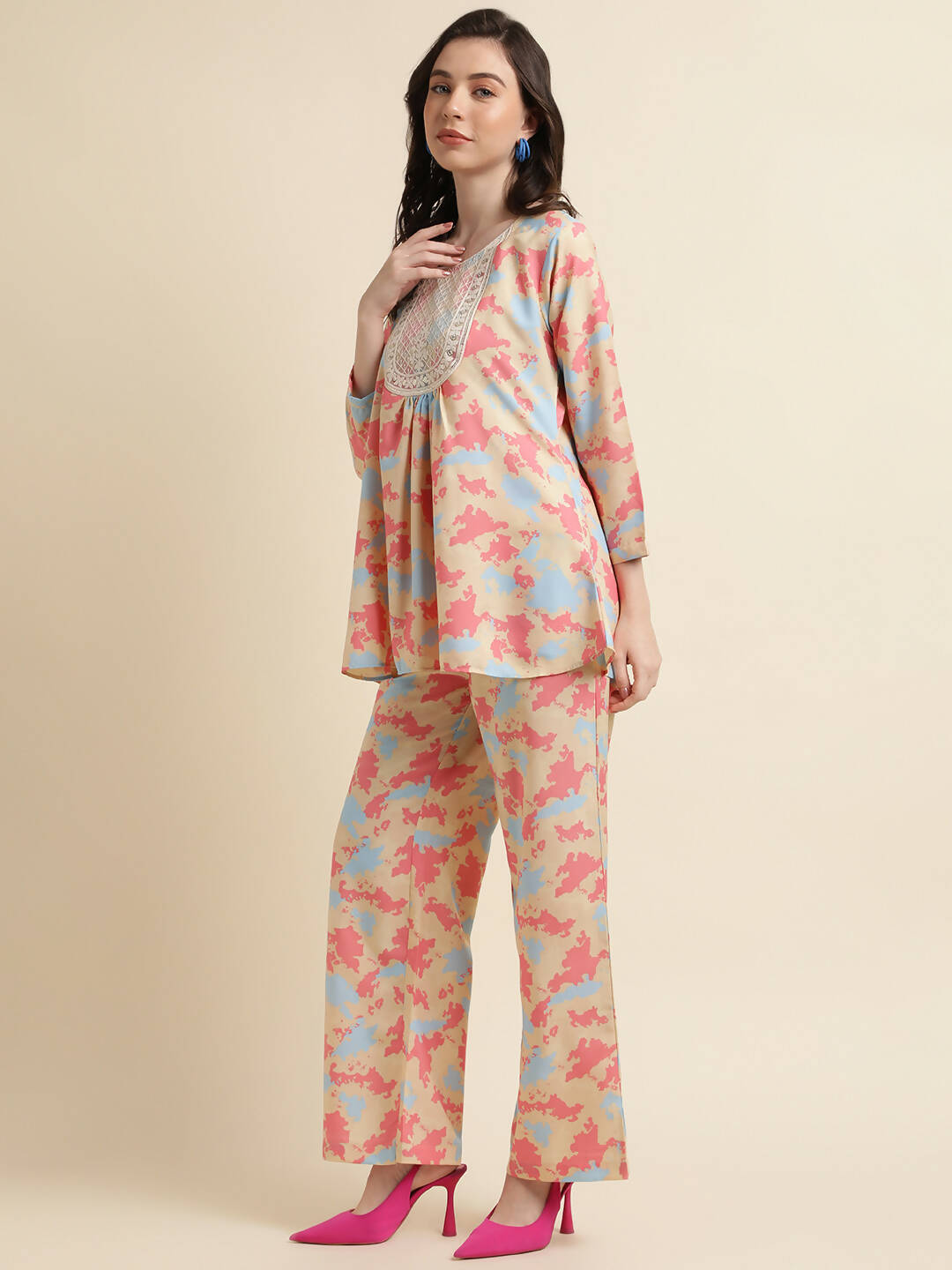 Beige & Pink Poly Crepe Digital Printed Top with Matching Bottom - Preeti - Distacart
