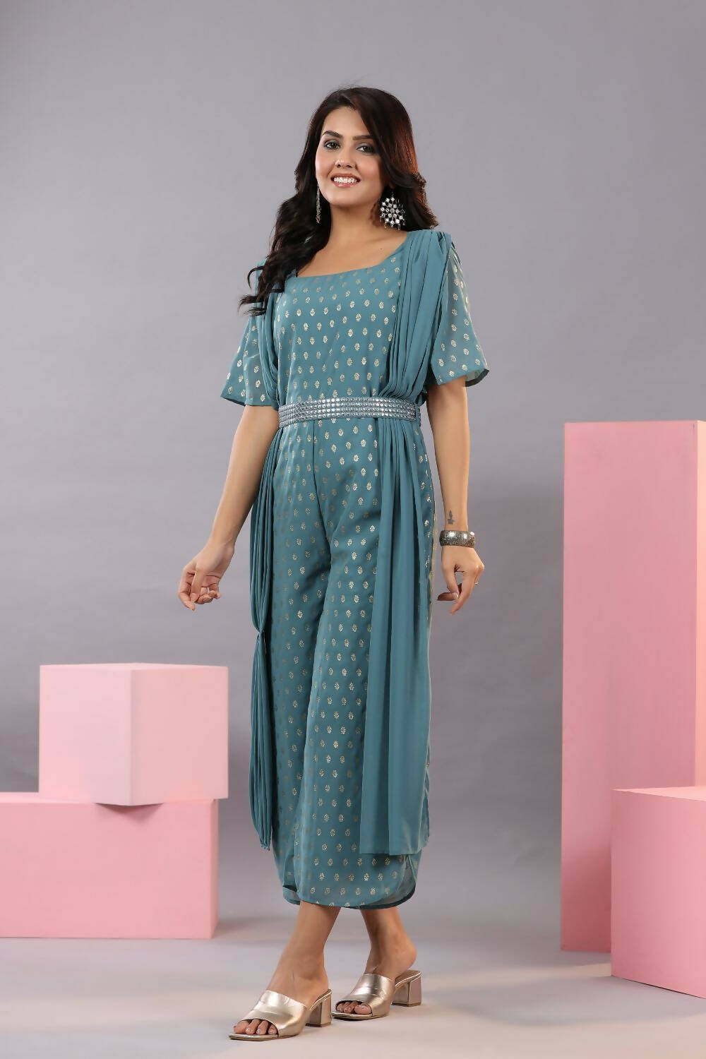 Juniper Women Teal Georgette Foil Printed Draped Jumpsuit - Distacart