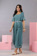 Thumbnail for Juniper Women Teal Georgette Foil Printed Draped Jumpsuit - Distacart